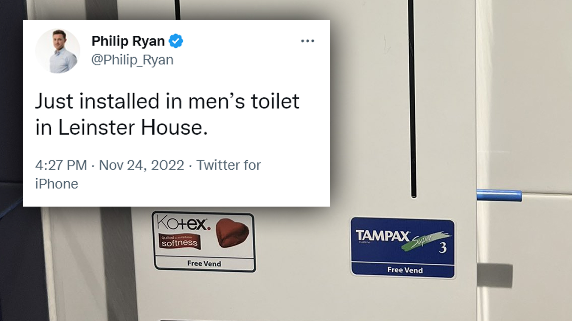Free tampon dispenser installed in men’s toilet in Leinster House Gript
